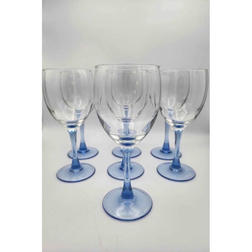 Set of 7 French Crystal Arcopal Luminarc Blue Stemmed Wine Glasses - Stunning!